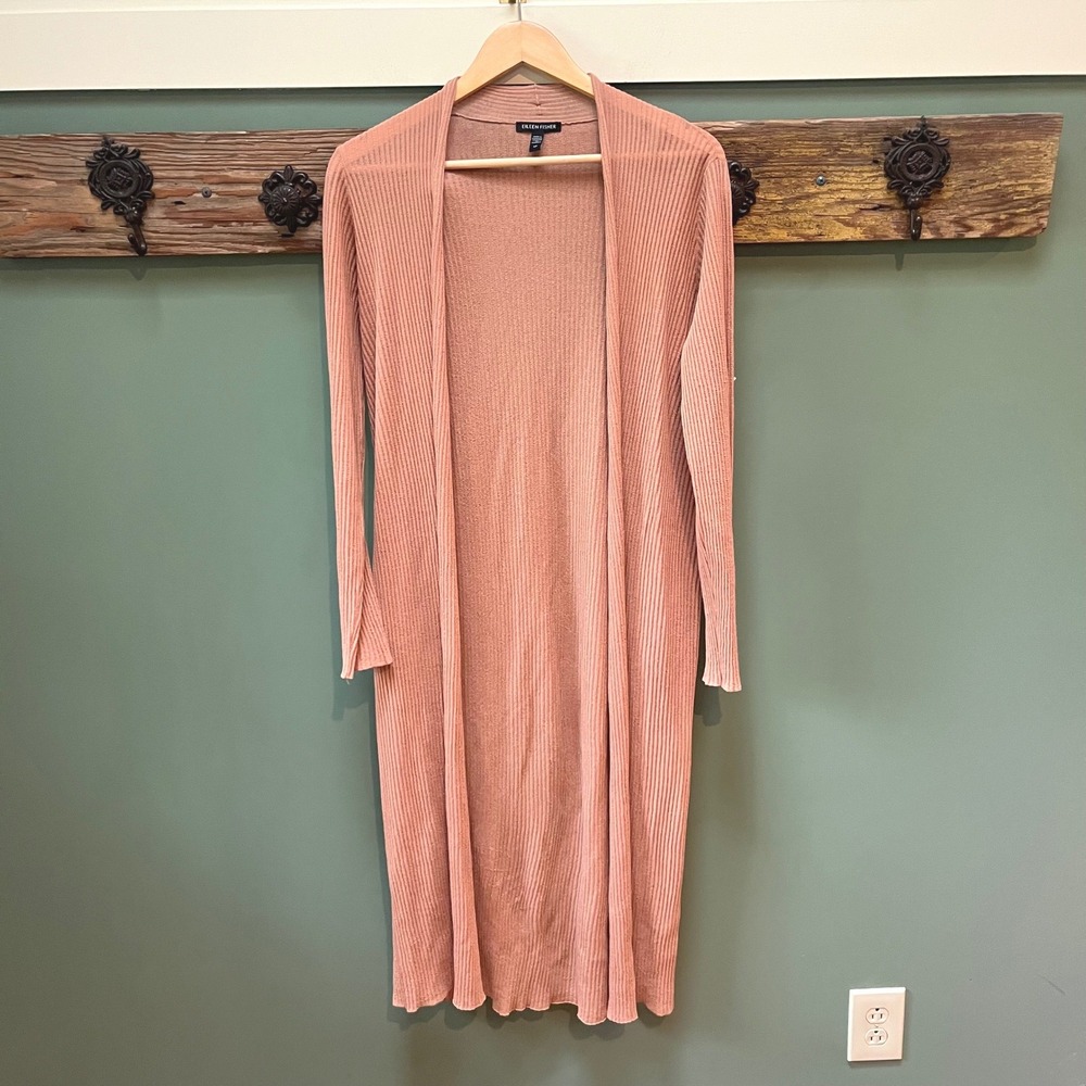 Eileen Fisher Womens Small Peach Pink Organic Cotton Ribbed Long Duster Cardigan